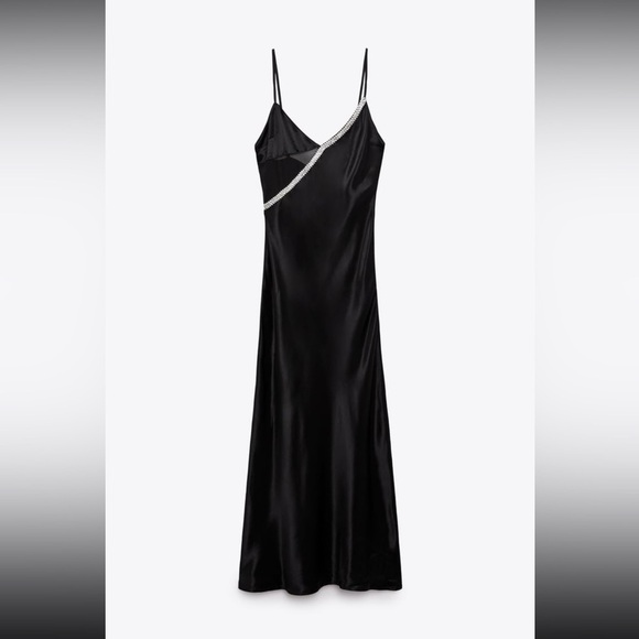 New BLACK SATIN EFFECT RHINESTONE MIDI DRESS V Neck With Mesh - Picture 14 of 14